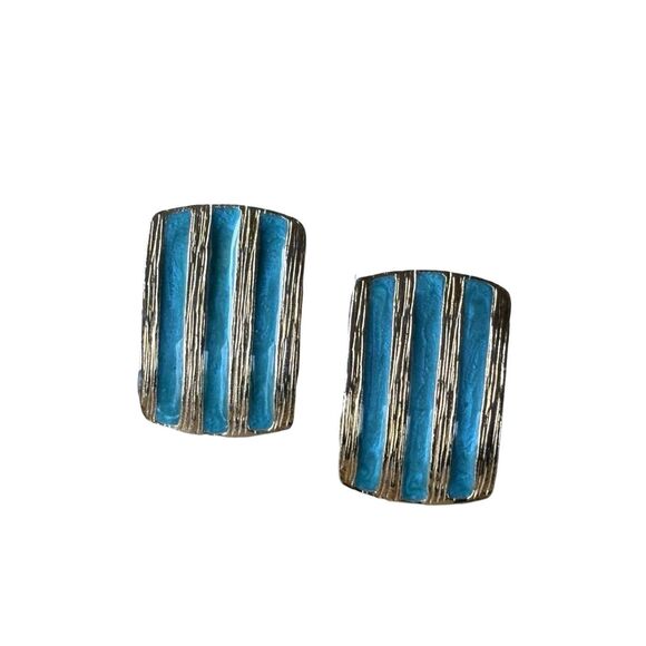 Rare Quality Turquoise Blue & Gold Enamel Post back Stud Earrings Made In USA - Picture 2 of 8